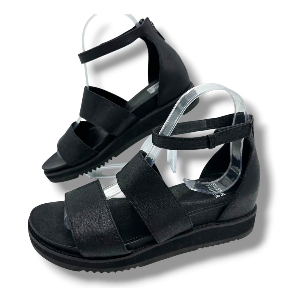 Eileen Fisher Womens Black KenLeather Platform Wedge Ankle Strap Sandals Sz 8.5